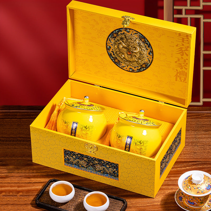 Bright yellow double porcelain jar Jin Jun Mei gift box【500g】